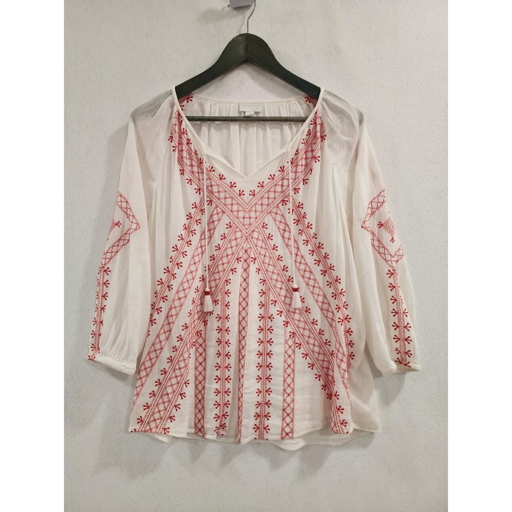 J. Jill Red White Embroidered Gauze Peasant Blouse Tassel V-Neck Medium